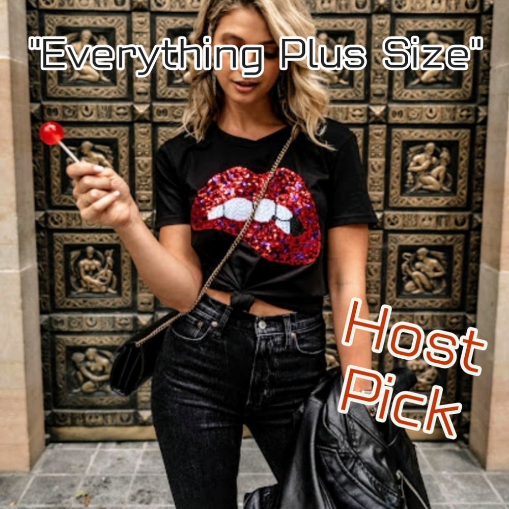 1 left!New Sexy Sequin Bite My Lip Graphic T-Shirt - Picture 5 of 7